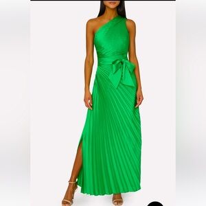 Milly One-Shoulder Emerald Green Pleated Maxi Dress